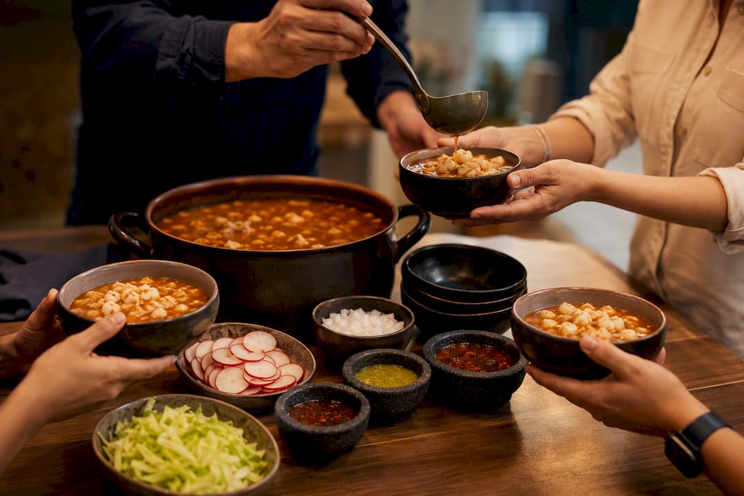Manos sirviendo pozole en una reunión