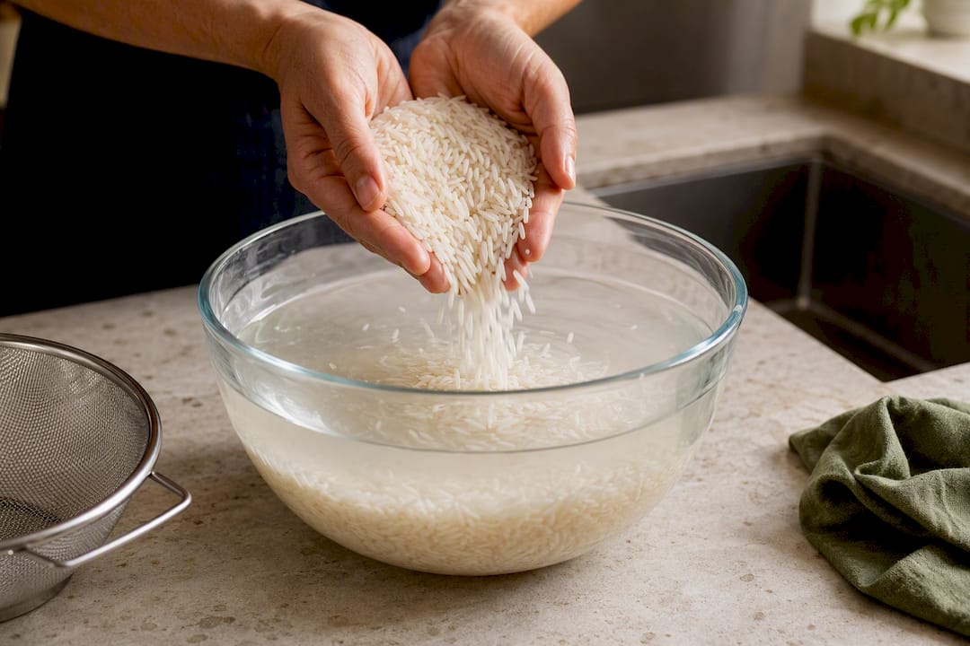Arroz basmati en remojo antes de cocinar