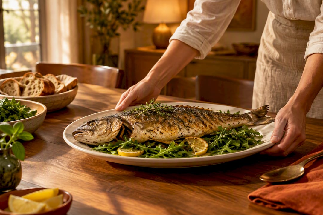 Roasted branzino being plated for dinner