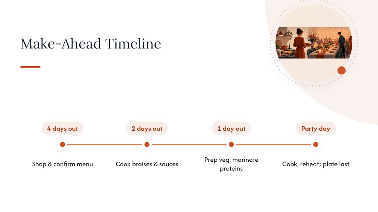 Four-stage make-ahead dinner timeline