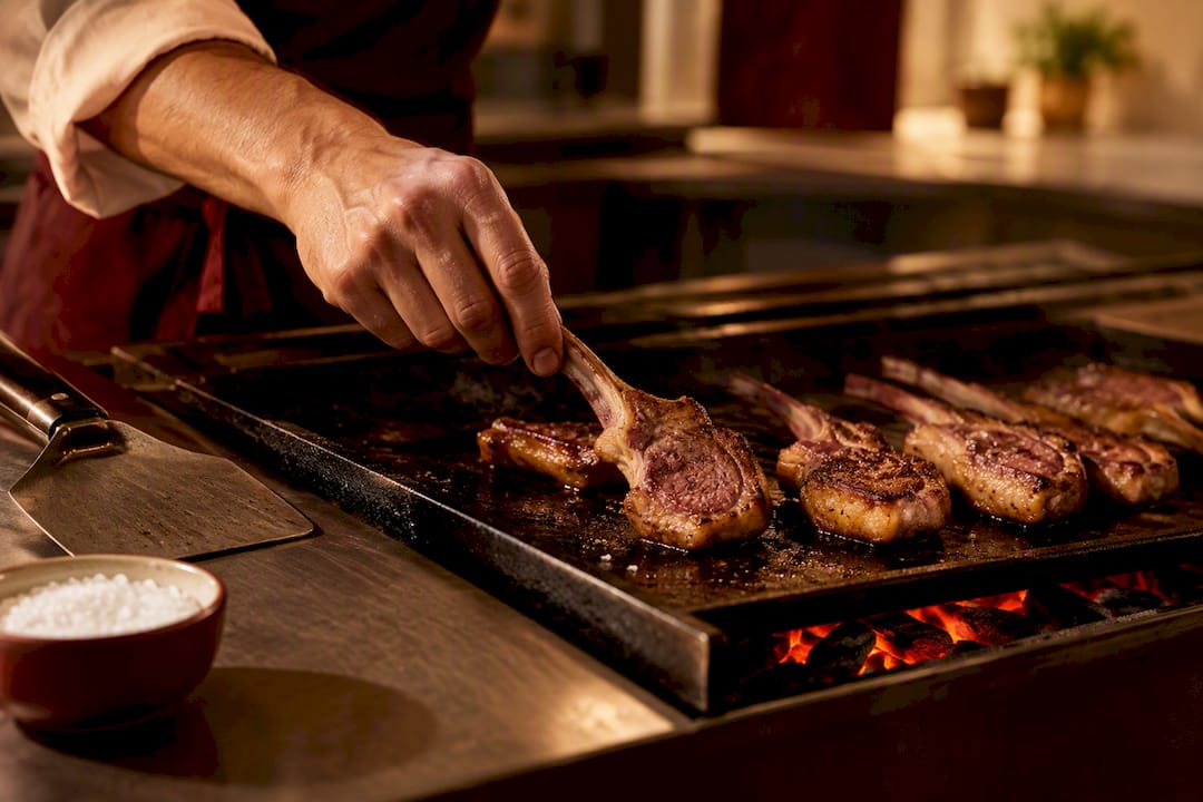 Chuletillas de cordero dorándose sobre las brasas