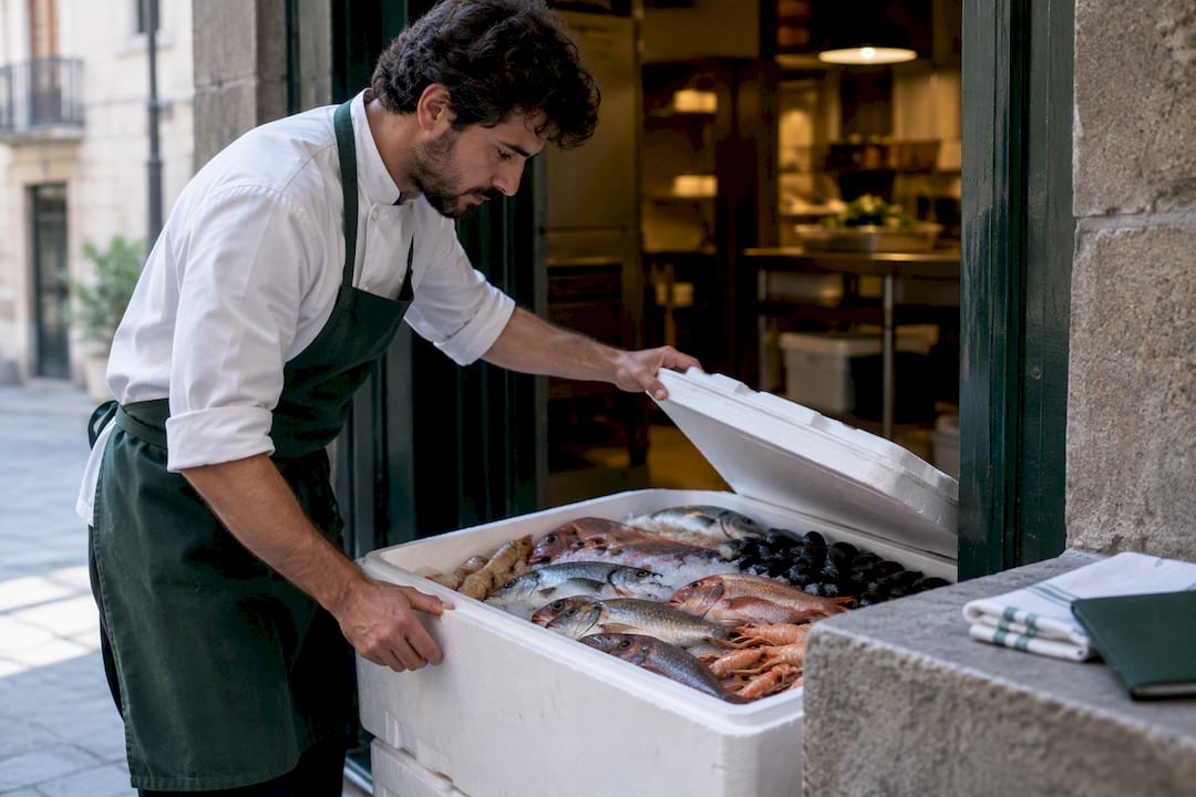 Fresh seafood delivery inspected at restaurant