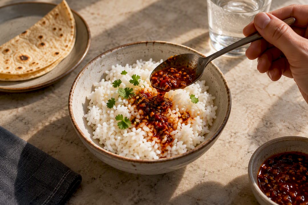 Salsa picante mezclada con arroz blanco