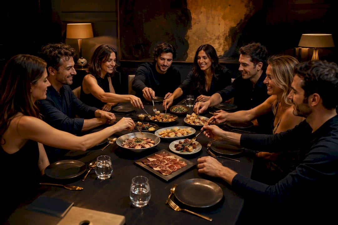 Grupo disfrutando de tapas variadas en la mesa