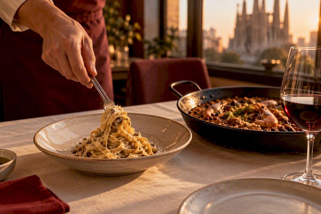 Pasta fresca y arroz al estilo mediterráneo servidos