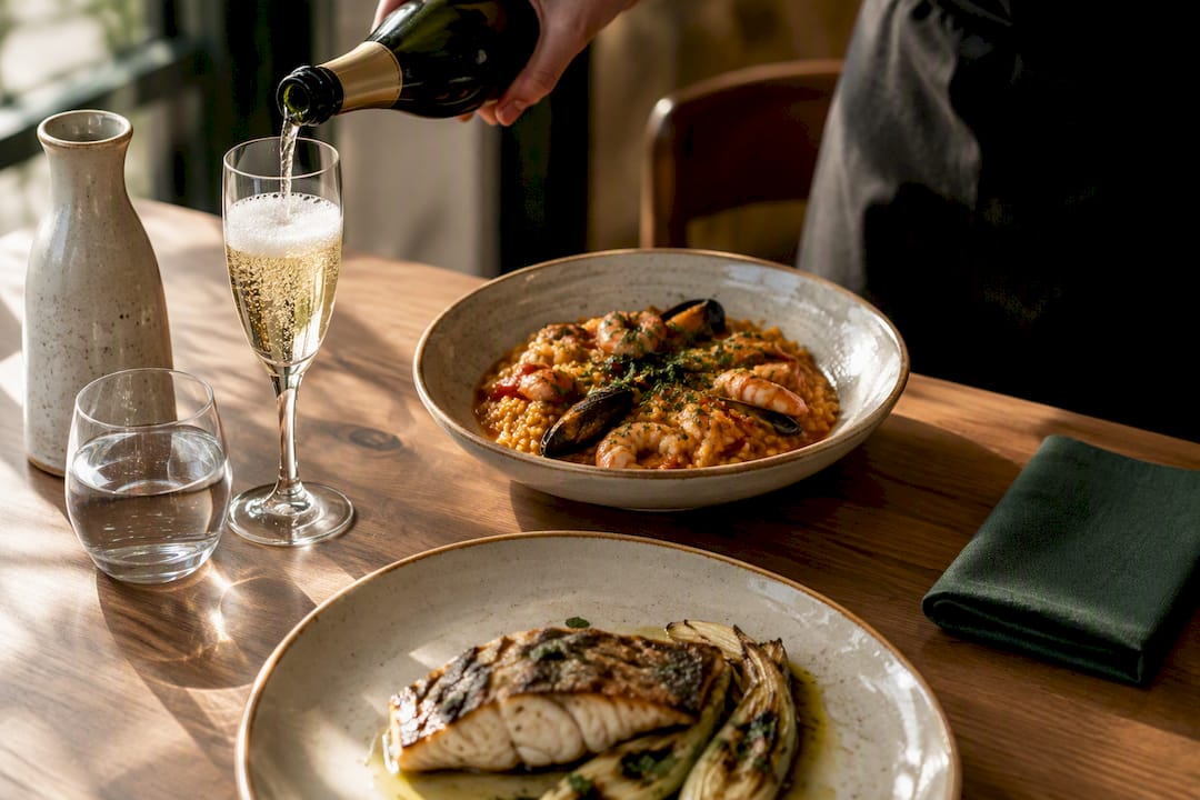 Cava poured beside Catalan seafood