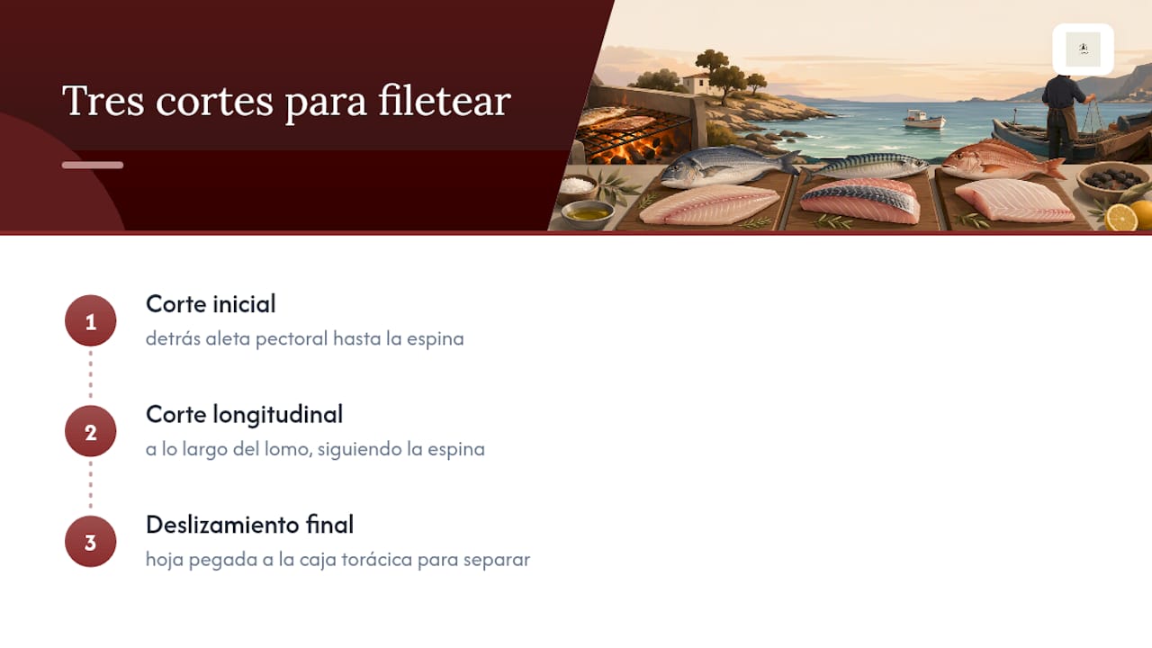 Diagrama de los tres cortes para filetear pescado