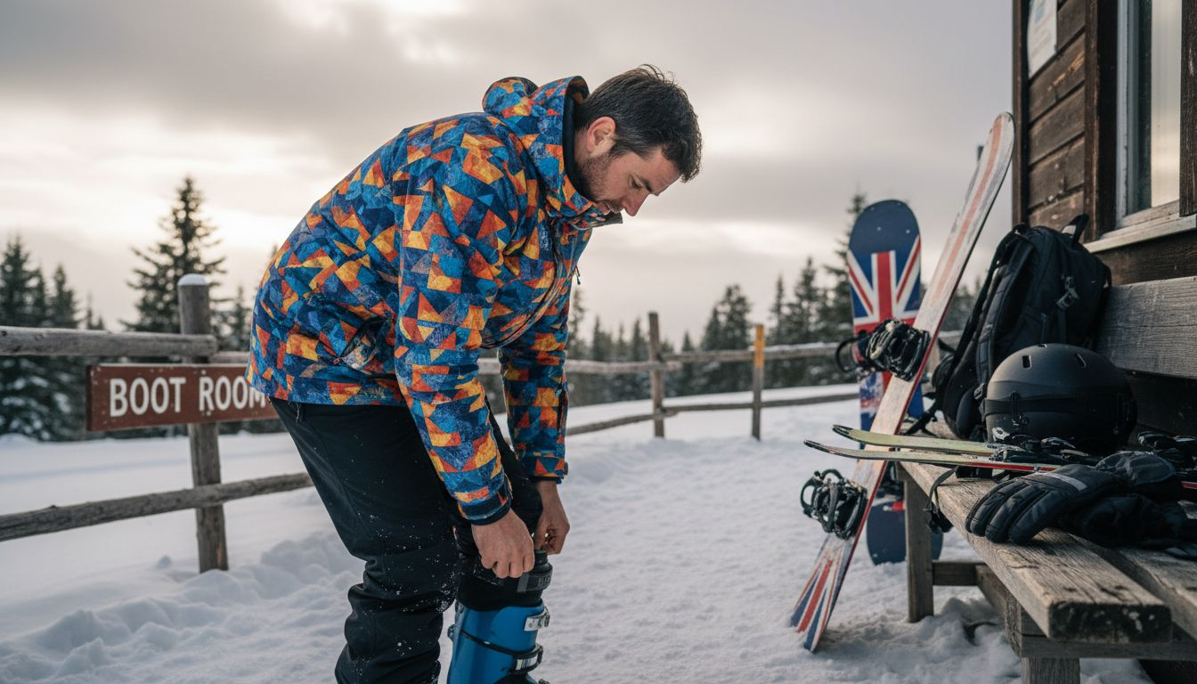 Man at snowy rental hut fitting winter gear