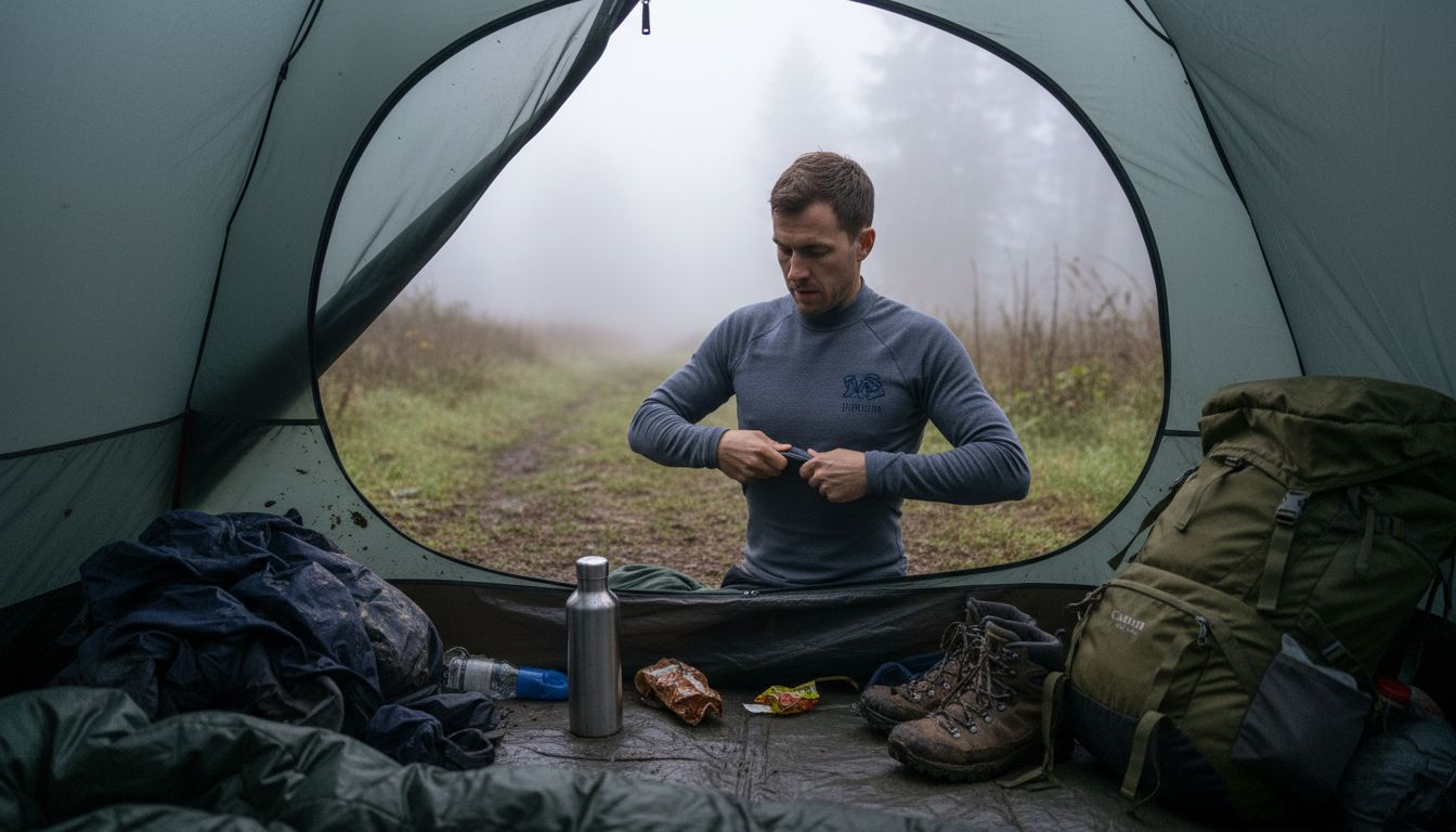 Hiker putting on base layer in damp tent