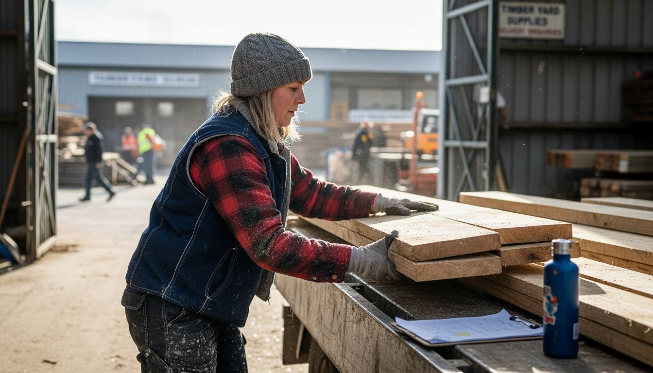Worker in wool vest stacking wood in lumberyard