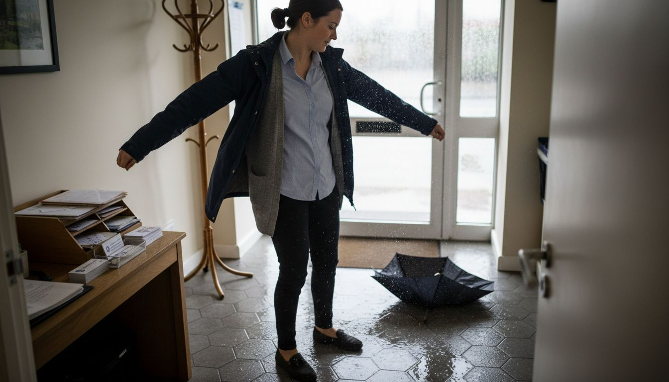 Office worker sheds wet waterproof jacket