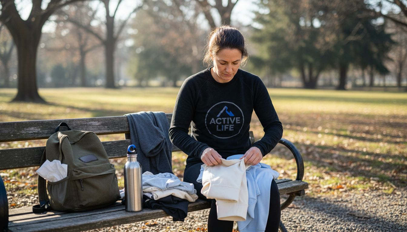 Woman sorting base layer tops on bench