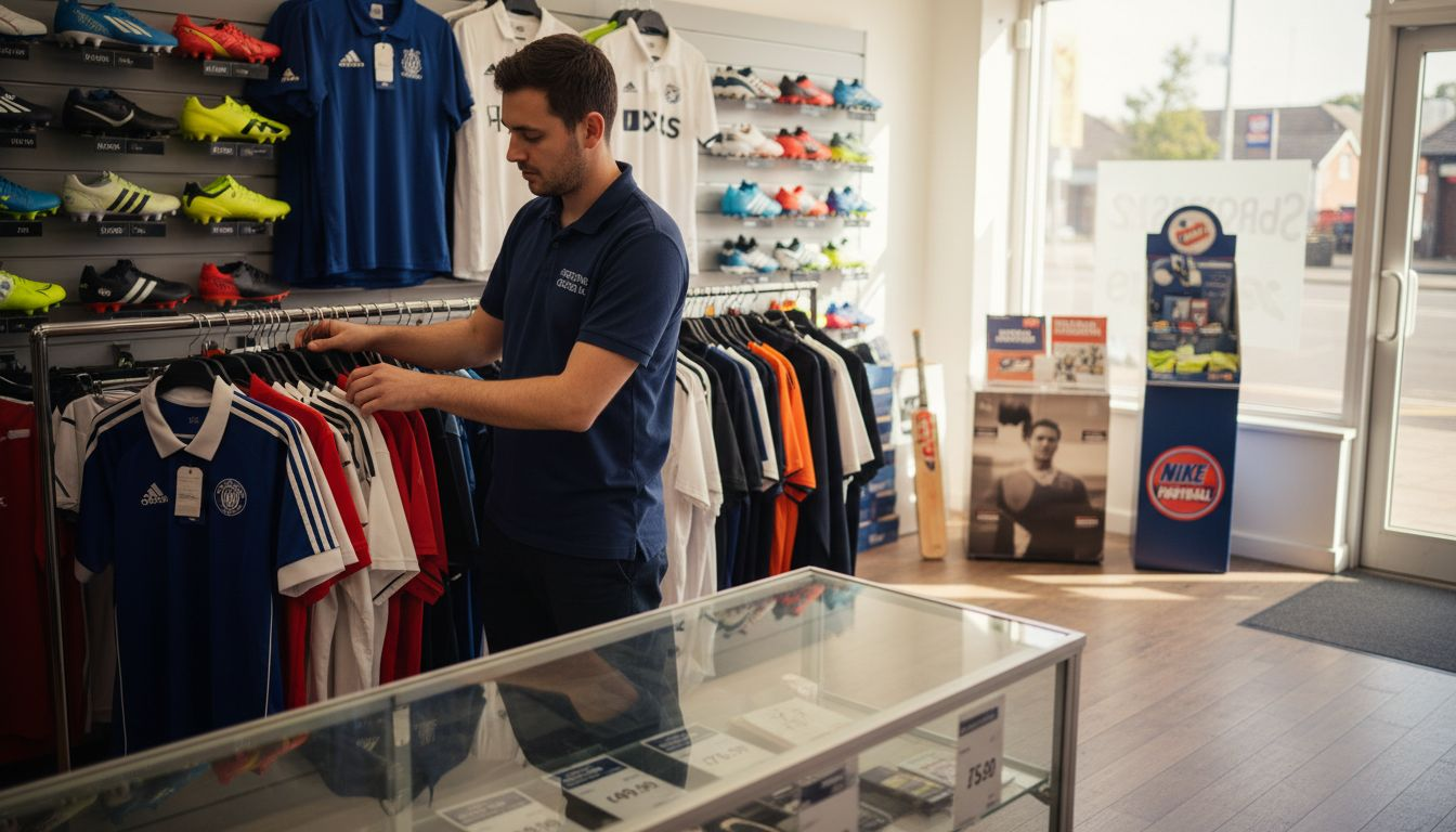 Clerk arranges jerseys from different sport brands