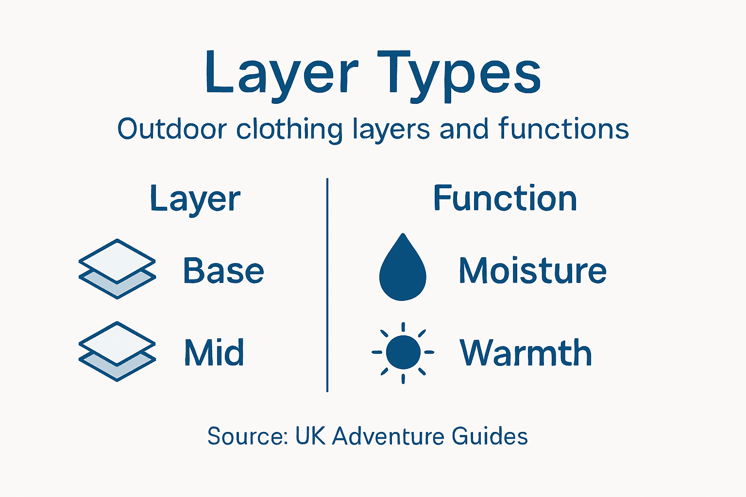 Infographic of outdoor clothing layers and functions