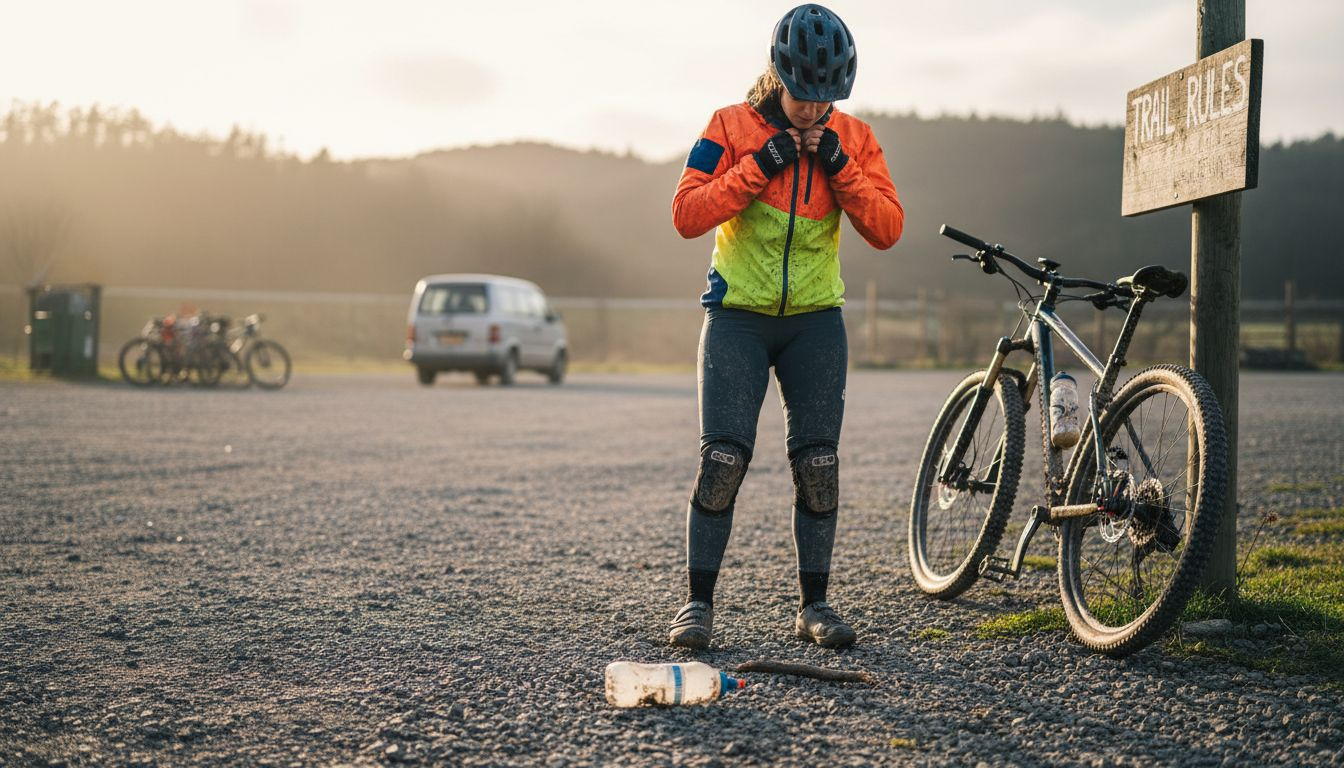 Biker adjusting helmet in parking lot