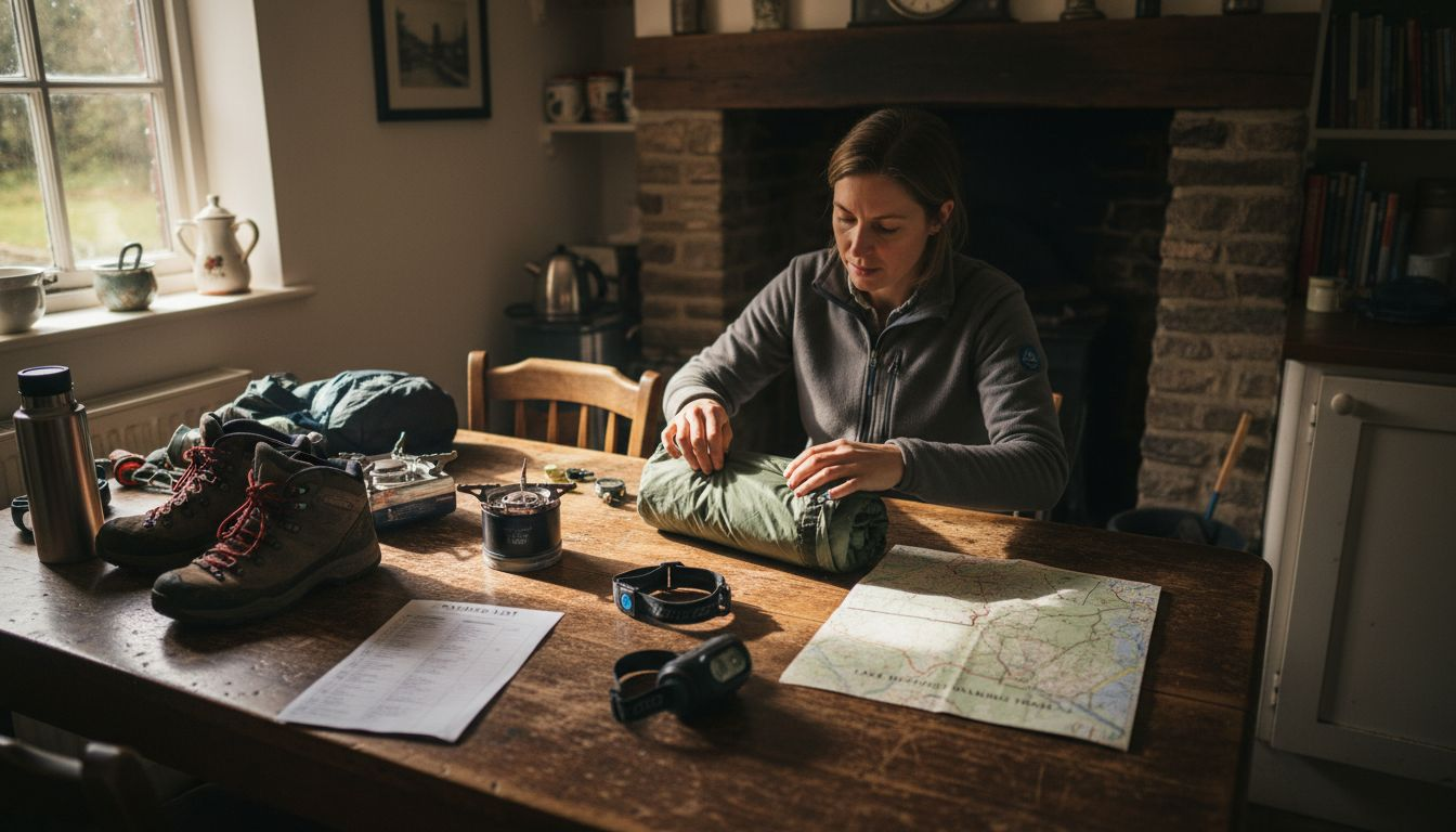Woman reviewing outdoor gear on kitchen table
