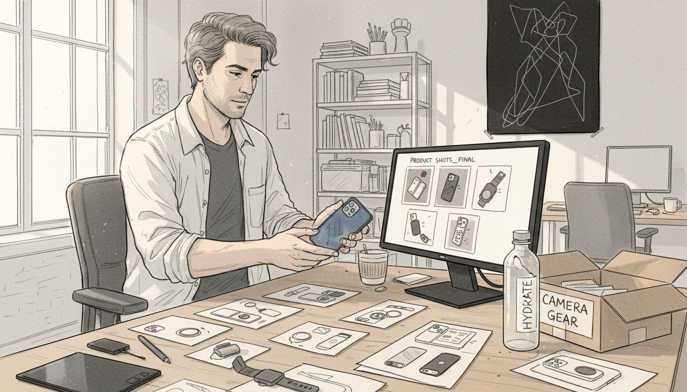 Designer arranging tech accessory mockups