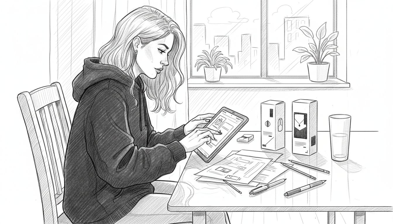 Marketer editing mockup files at apartment desk