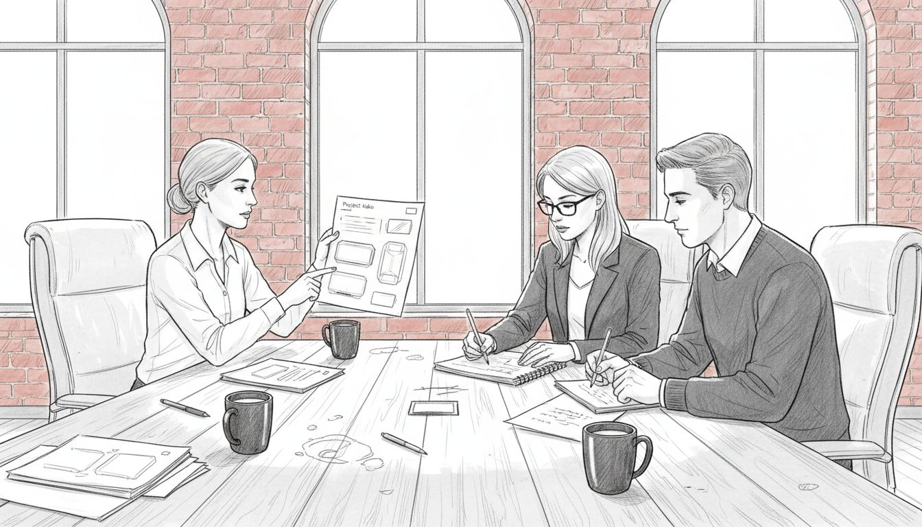 Team discussing printed static product mockup