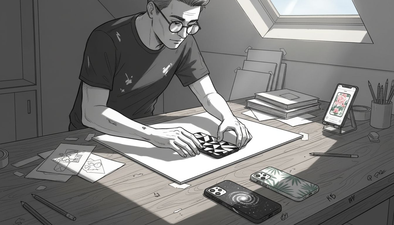 Artist arranging phone case mockups for photography