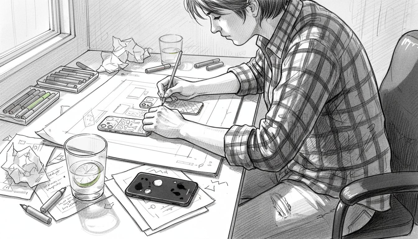 Designer sketching phone case patterns at desk