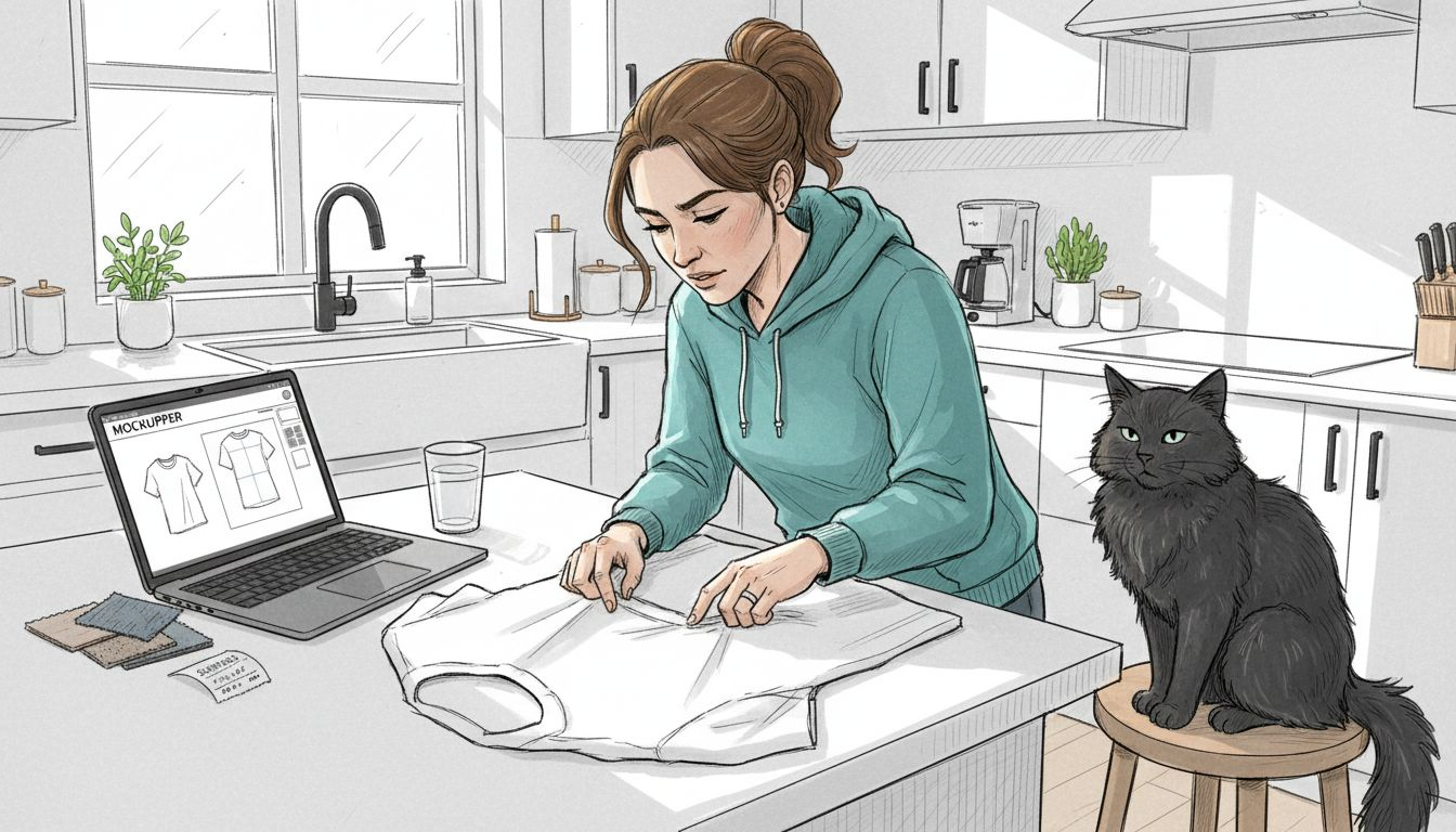 Woman examining printed t-shirt mockup details