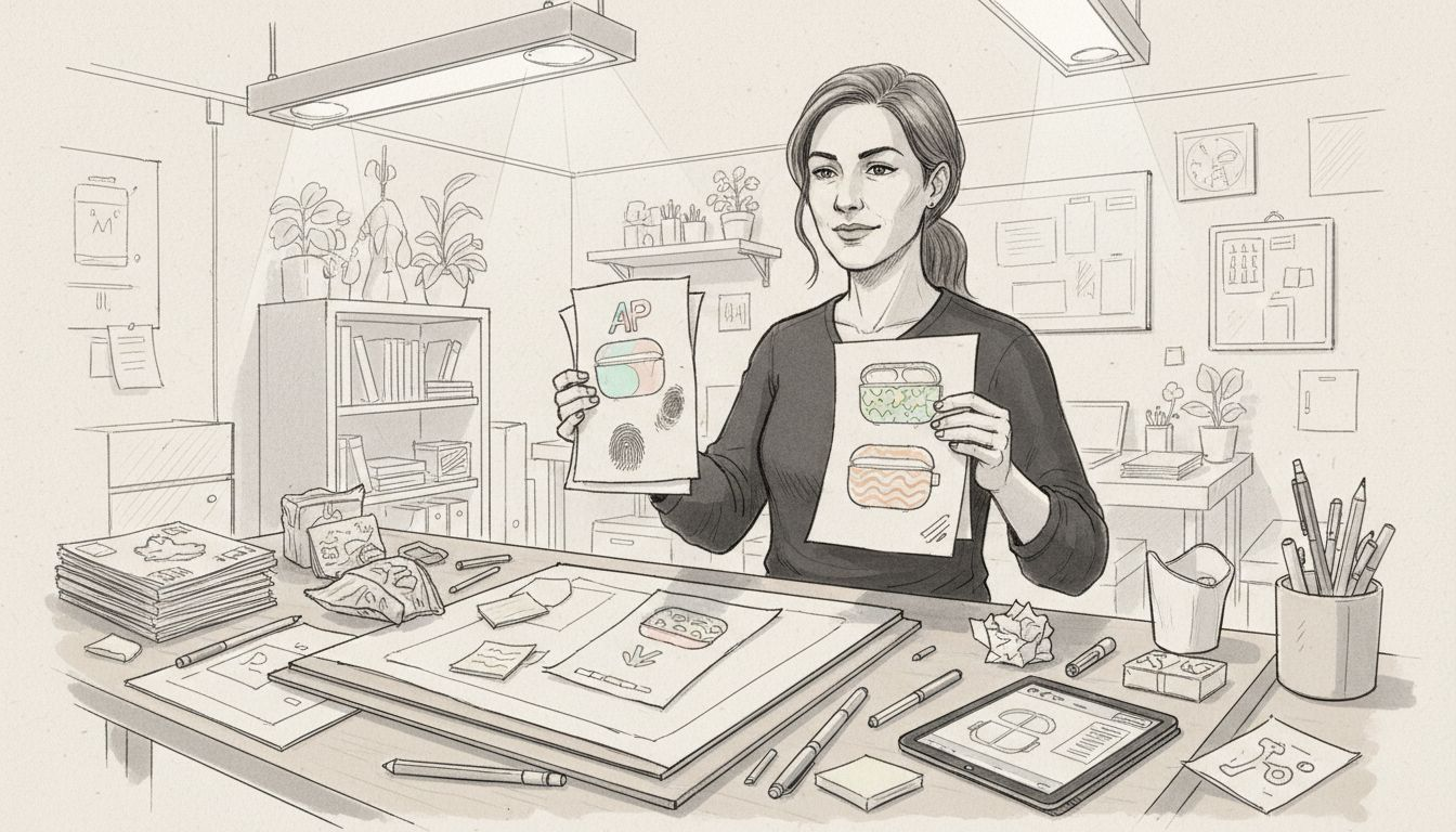 Designer reviewing branded AirPods mockup prints