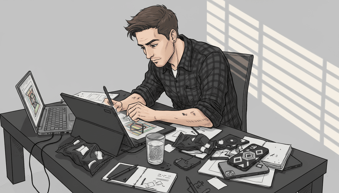 Designer sketching custom phone case prototype