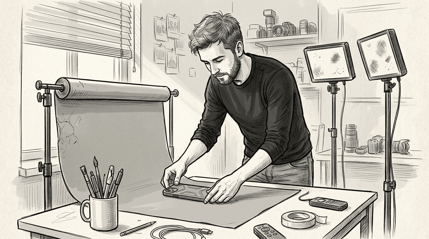 Photographer arranging phone case for mockup image