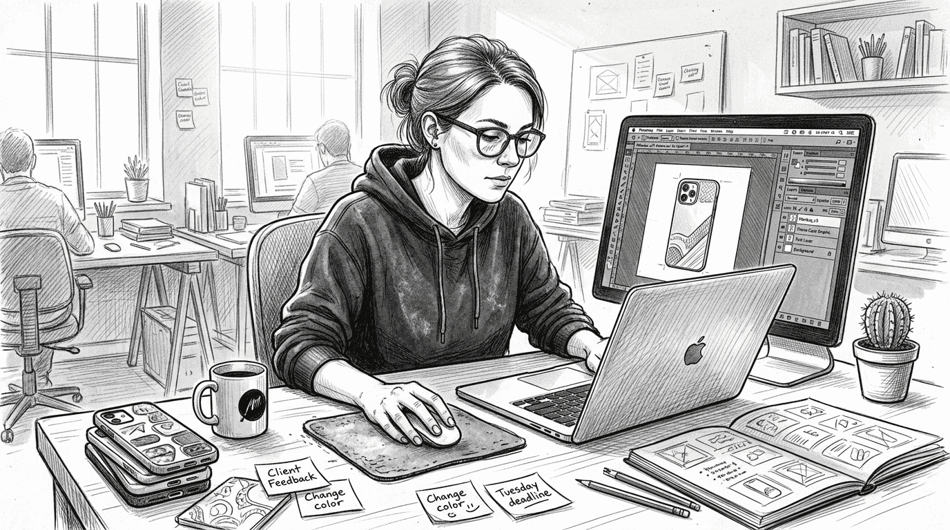 Designer editing layered mockup Photoshop file