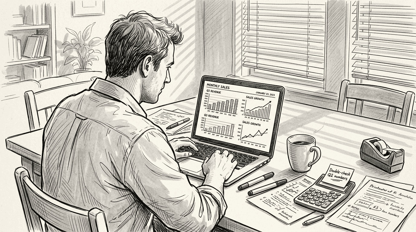 Person reviewing phone case shop revenue charts