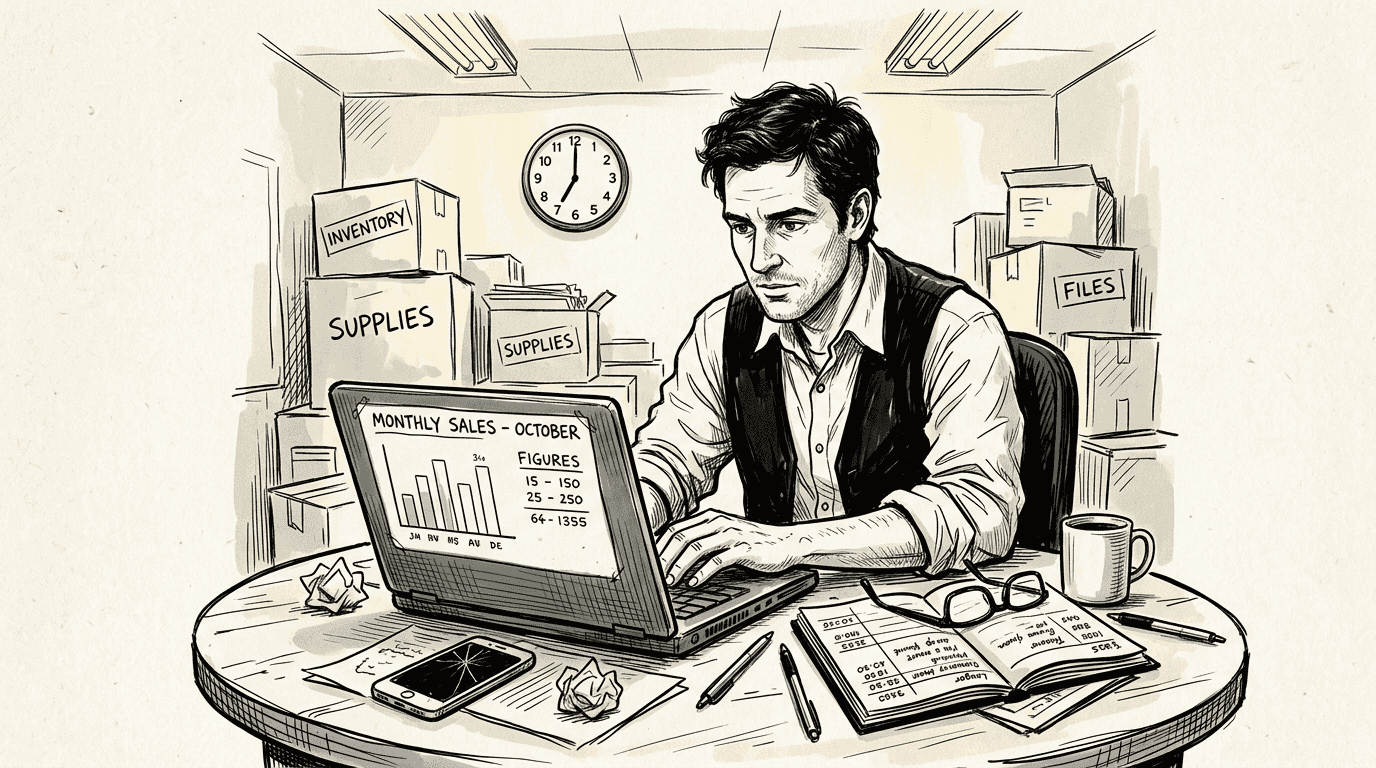 Store owner reviewing financial documents after hours