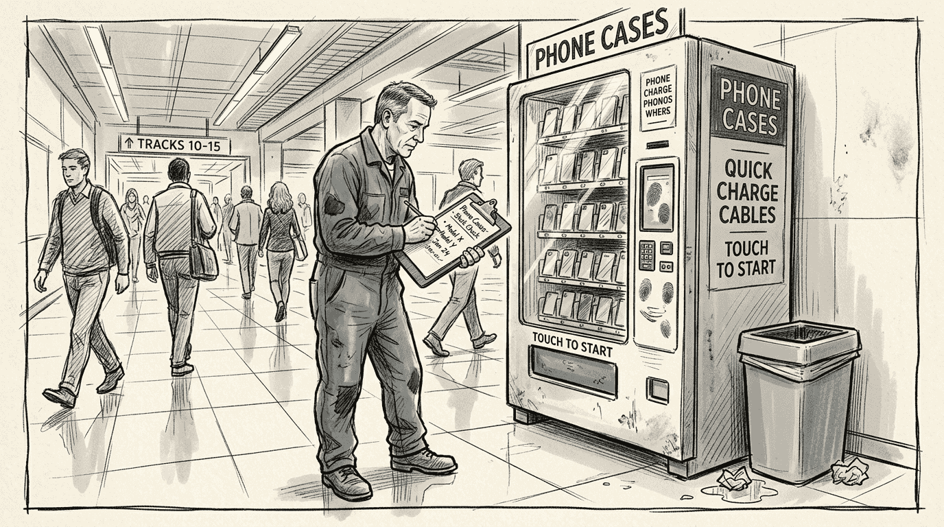 Worker restocking phone case vending machine