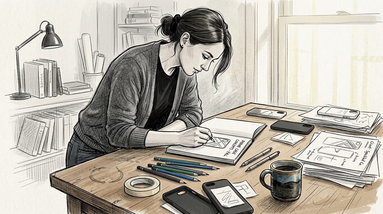 Designer sketching phone case concept scene