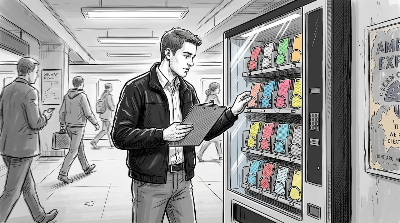 Man checking phone case vending machine inventory