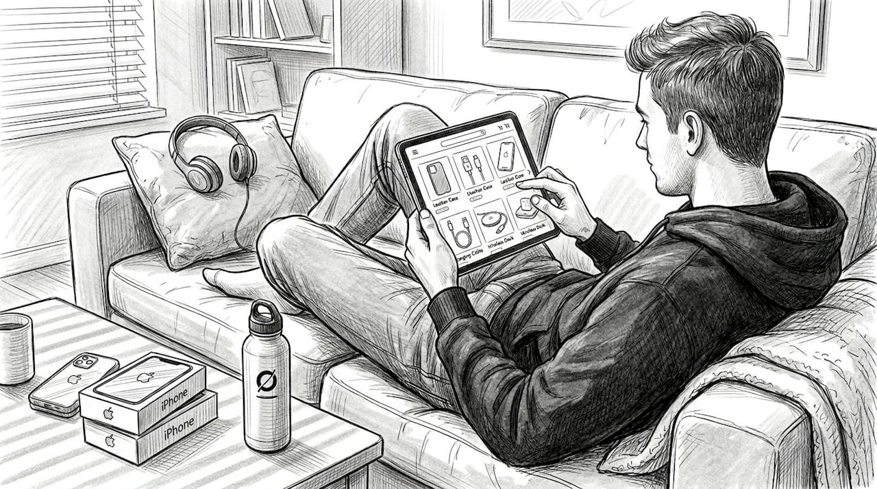 Man browsing tech accessory mockups on tablet