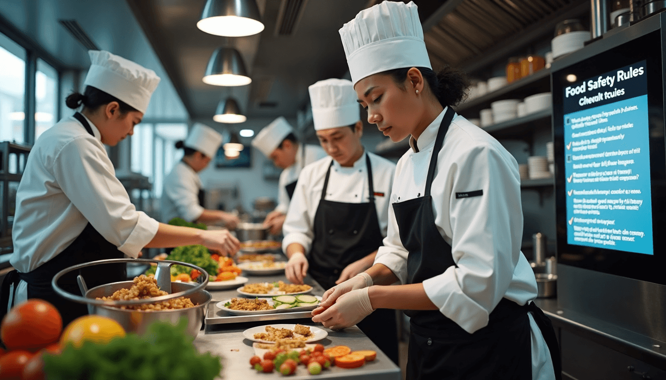 Food Safety Standards in Canada: What Restaurants and Schools Need for 2025 1 Chefs in sunlit kitchen with food safety checklist on screen