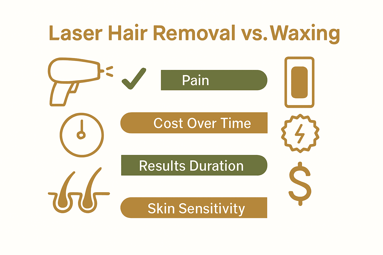 Infographic comparing laser hair removal and waxing on pain, cost, and results.