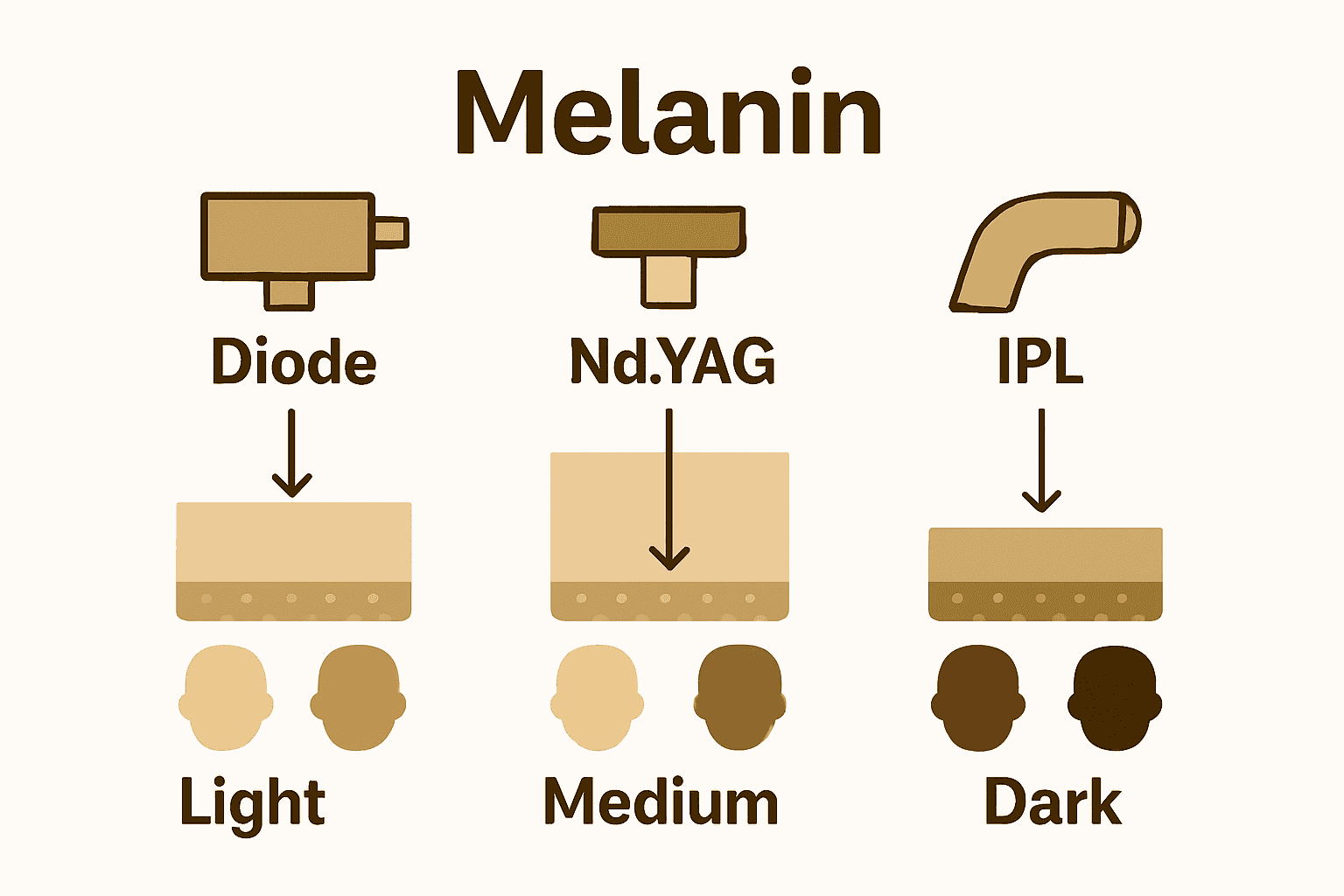 Infographic comparing melanin response to different laser types and skin tones