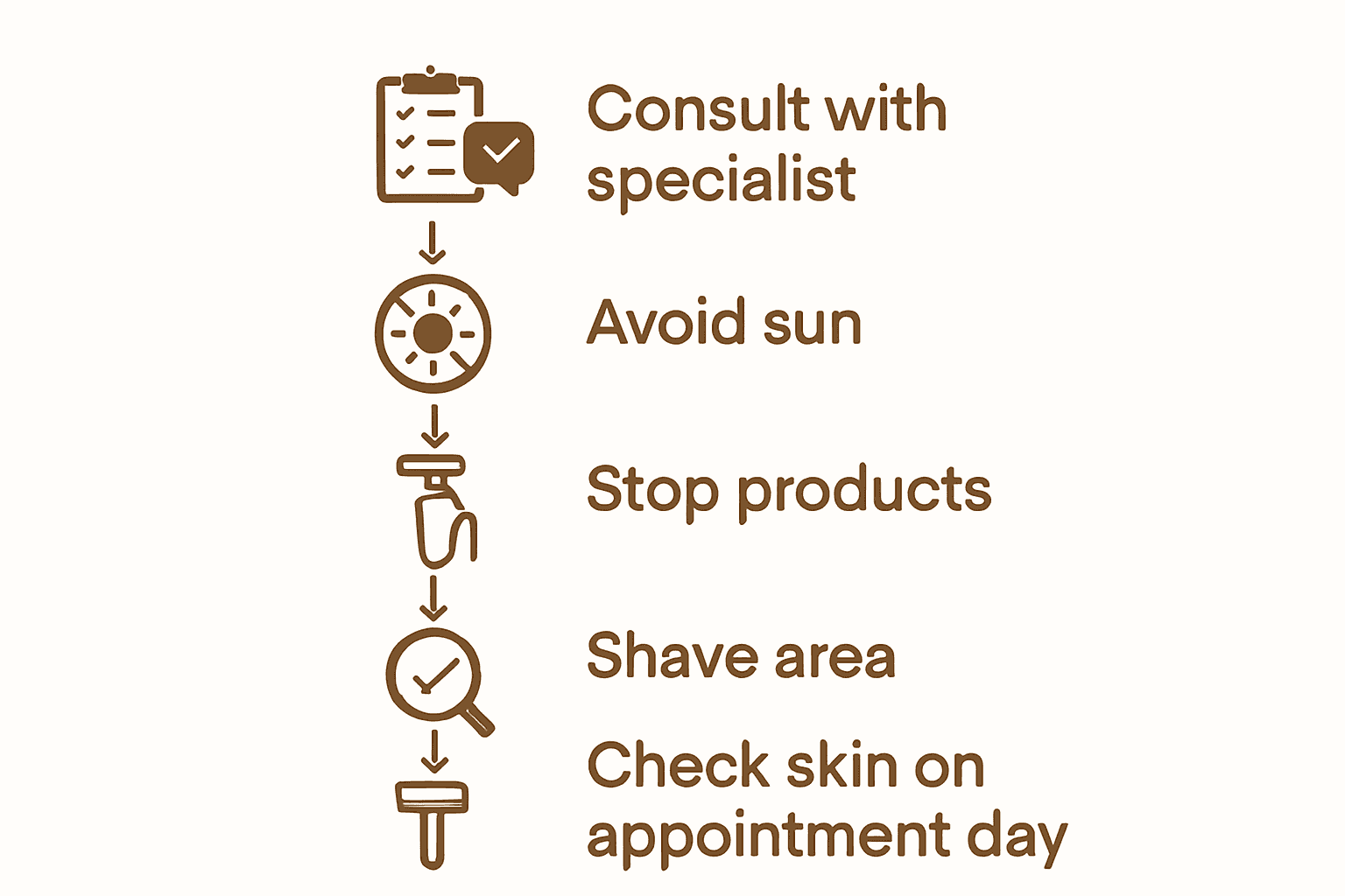 Five-step laser hair removal pre-treatment checklist infographic with icons.