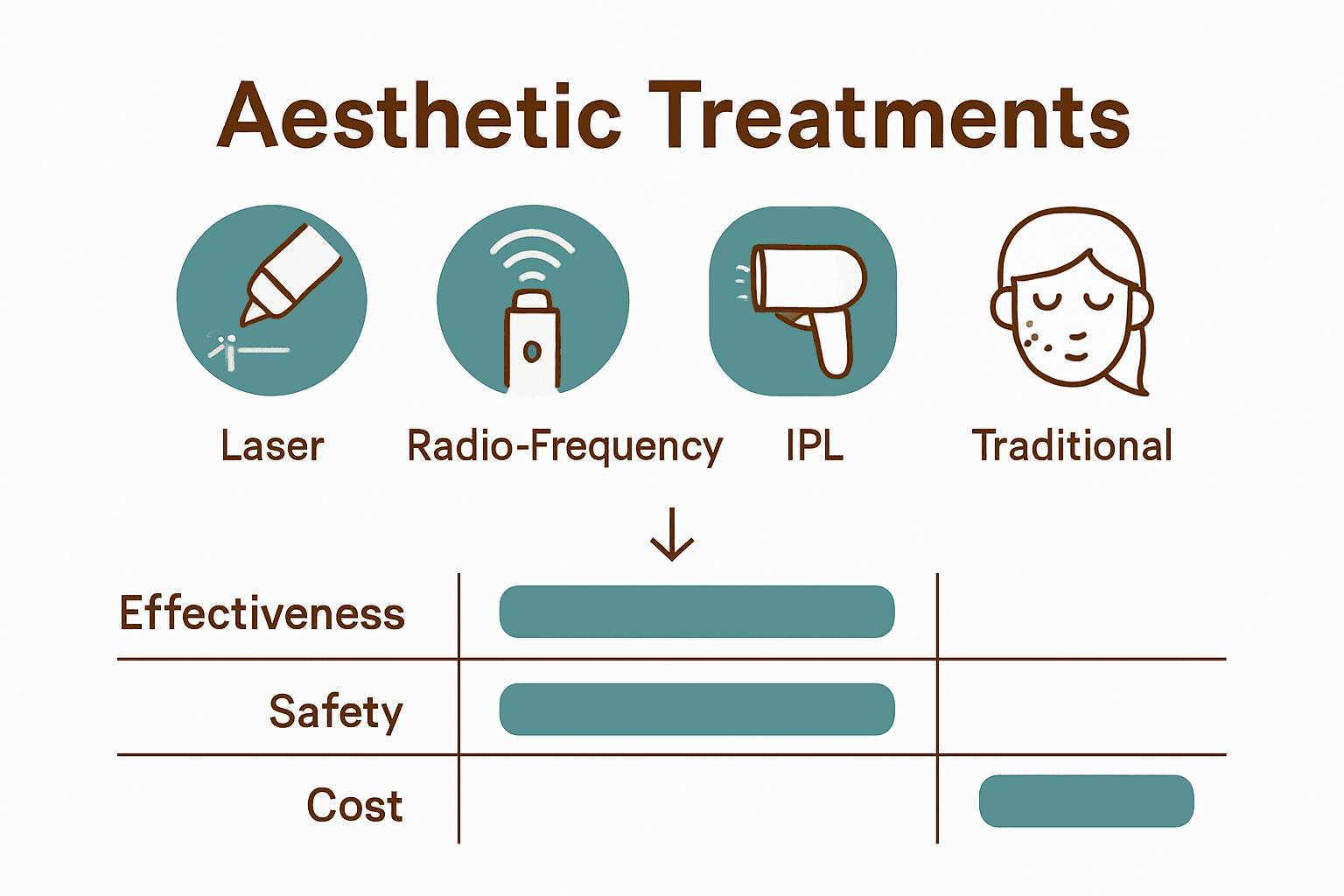 Infographic comparing laser, radio-frequency, IPL, and traditional skin treatments