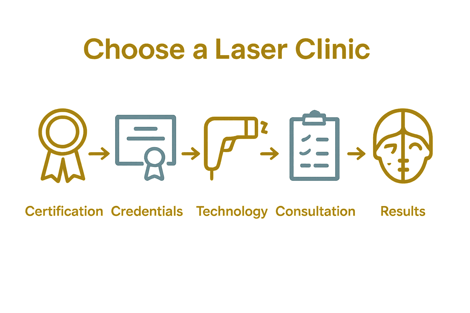 Infographic showing 5 key steps to picking a laser clinic with icons and arrows.
