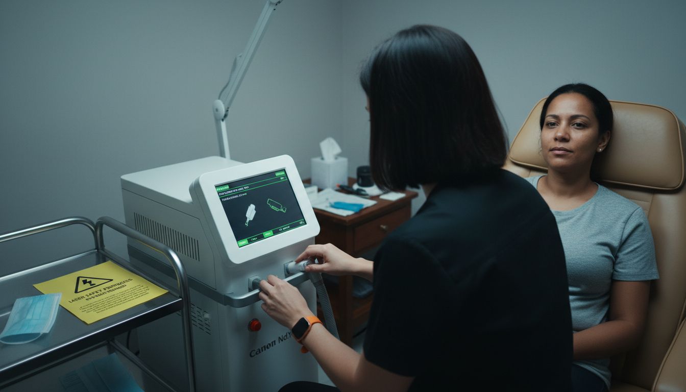 Laser technician calibrates treatment for medium skin tone