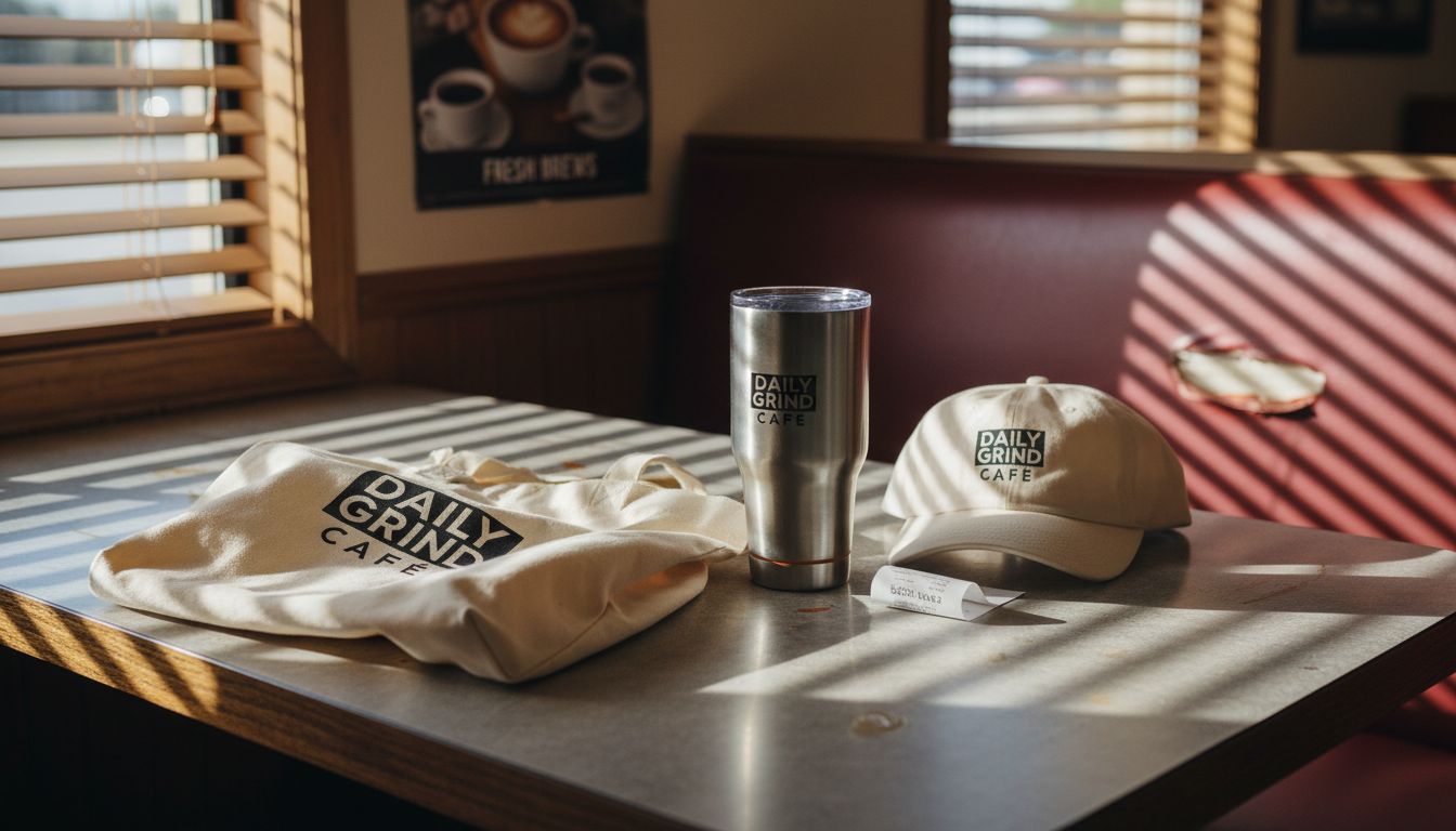 Merchandising in Restaurants: Comprehensive Canadian Guide 1 Various restaurant branded merchandise items on table