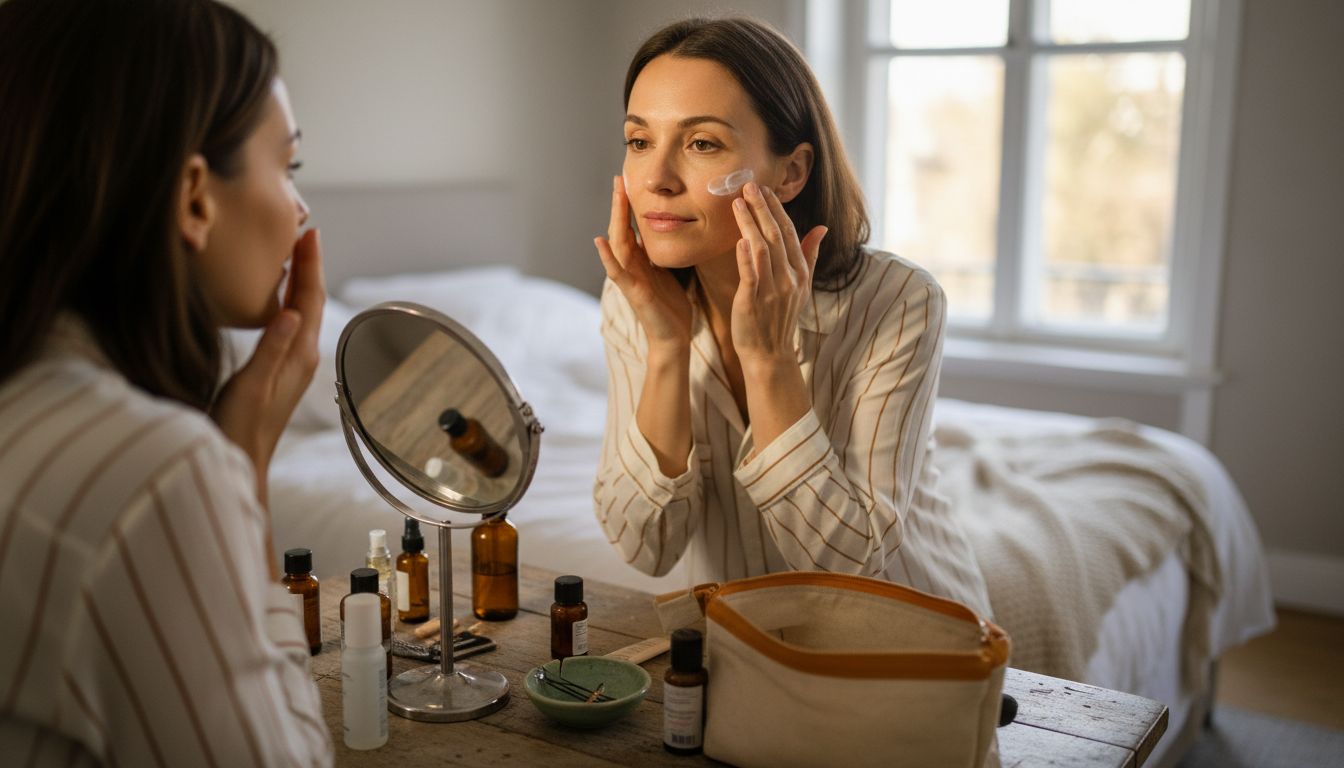 Woman applying moisturizer at cozy home vanity