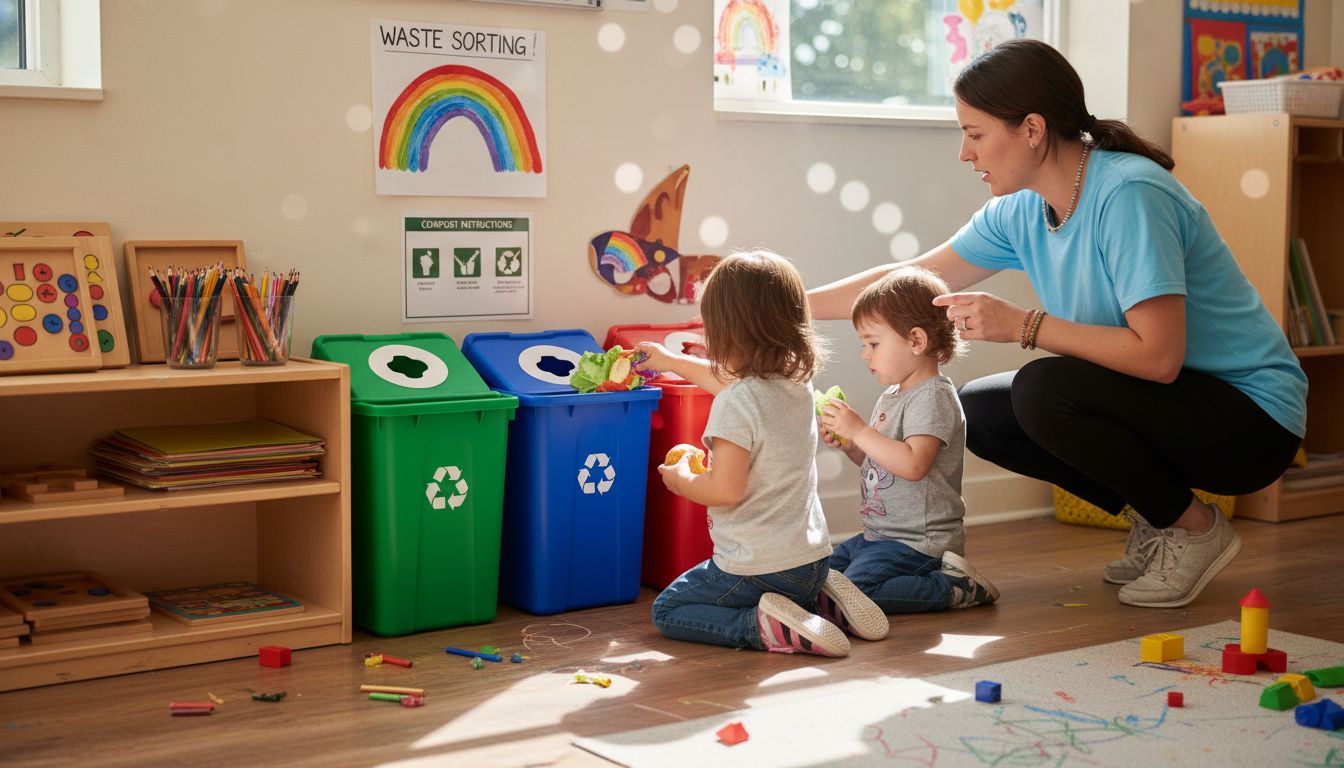 Hospitality Sustainability Trends: Why Canadian Restaurants and Daycares Should Care 1 Children and teacher using recycling bins