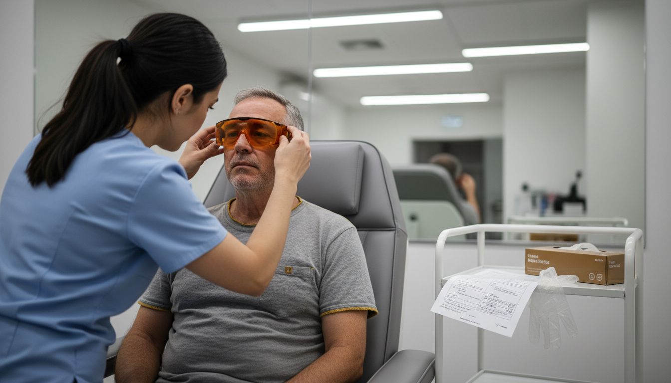 Practitioner placing goggles on patient in clinic