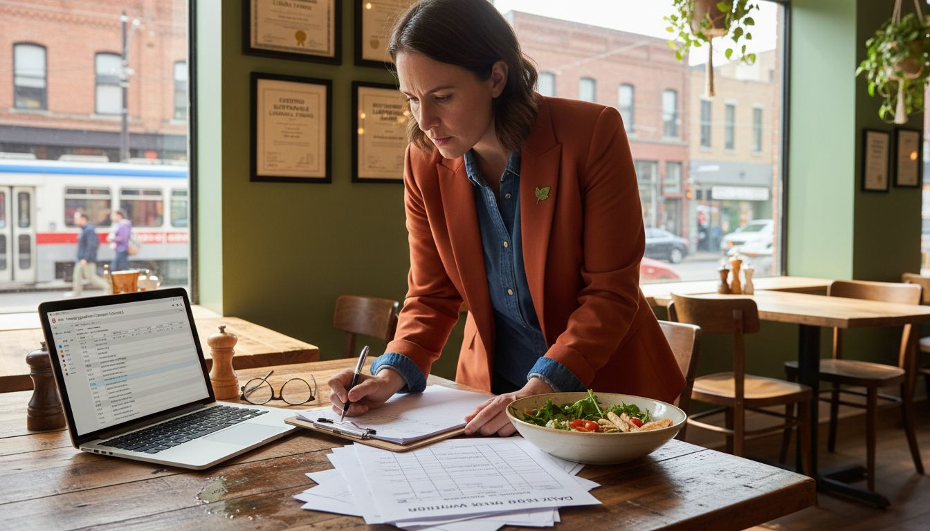 Restaurant Sustainability Goals: Why They Matter in Canada 1 Manager tracking sustainability in dining room