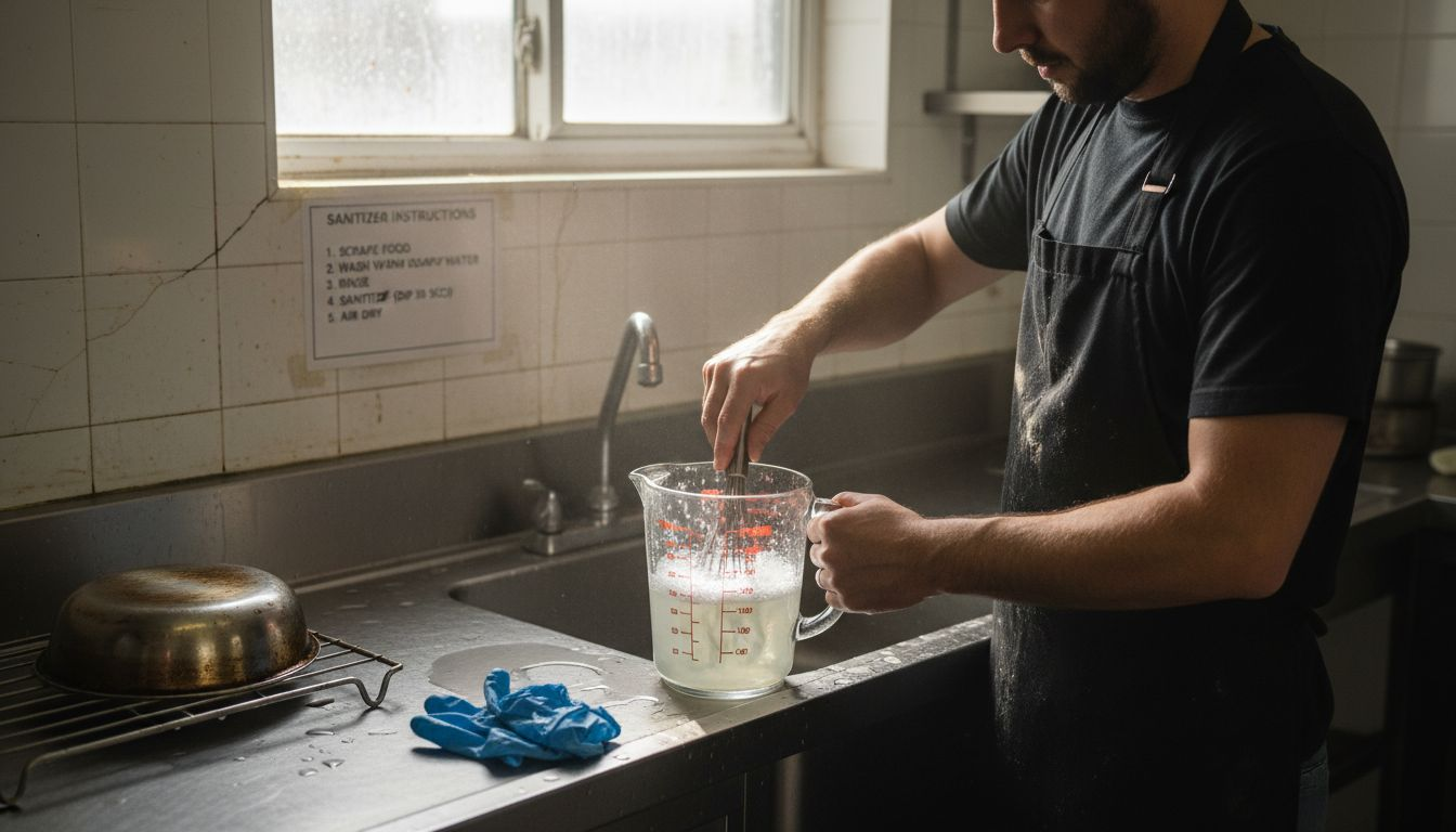 Sanitizer Types for Restaurants: Ensuring Safe Dining 1 Cook mixing chlorine sanitizer in restaurant kitchen