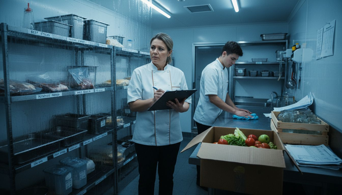 Ethics in Hospitality: Building Trust and Compliance 1 Supervisor inspecting food safety in kitchen cooler